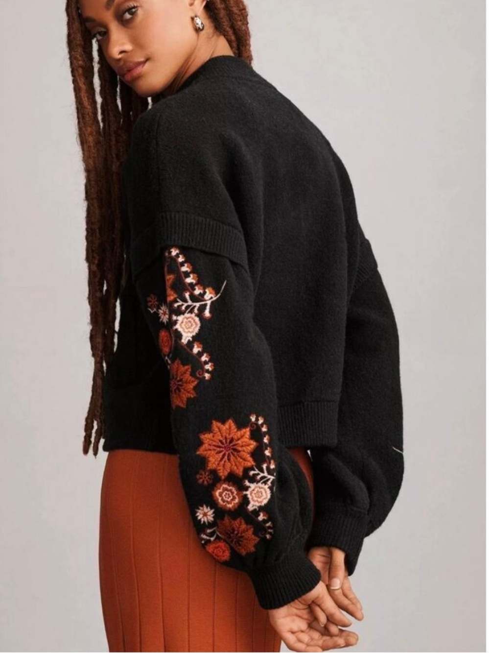 Anthropologie Isla Baltic Black Floral Wool Sweater Zip Up Bomber Jacket L